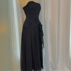 Sangria Y2K Black Cocktail Shift Dress Midi Strapless Ruched Dropped Waist Sz 12